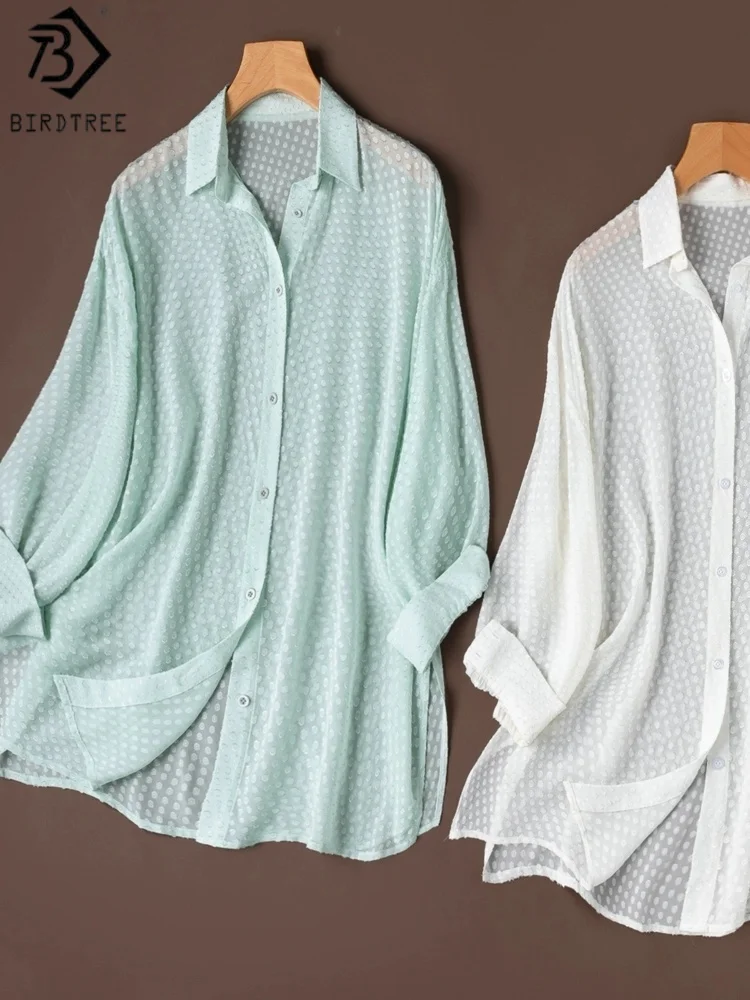 

Рубашка оверсайз из 100% шелка Birdtree, женская однобортная свободная блузка с защитой от солнца, новинка 2025 года T58105JF