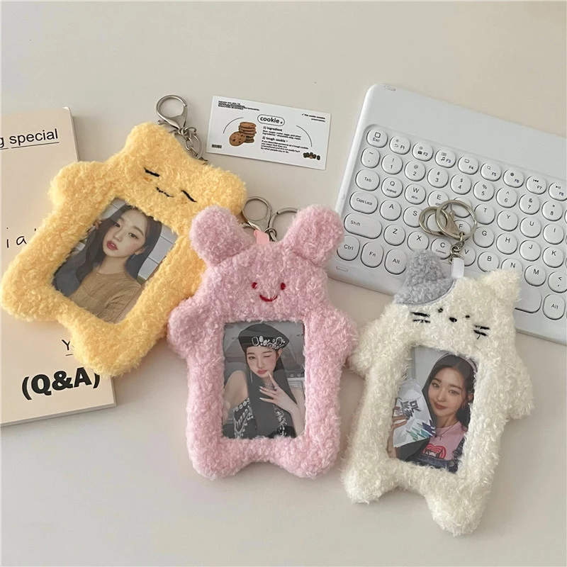 INS Cute Cat Rabbit Plush Photocard Holder Korean Idol Photo Sleeve Protective Case Student ID Card Cover With Keychain Pendant