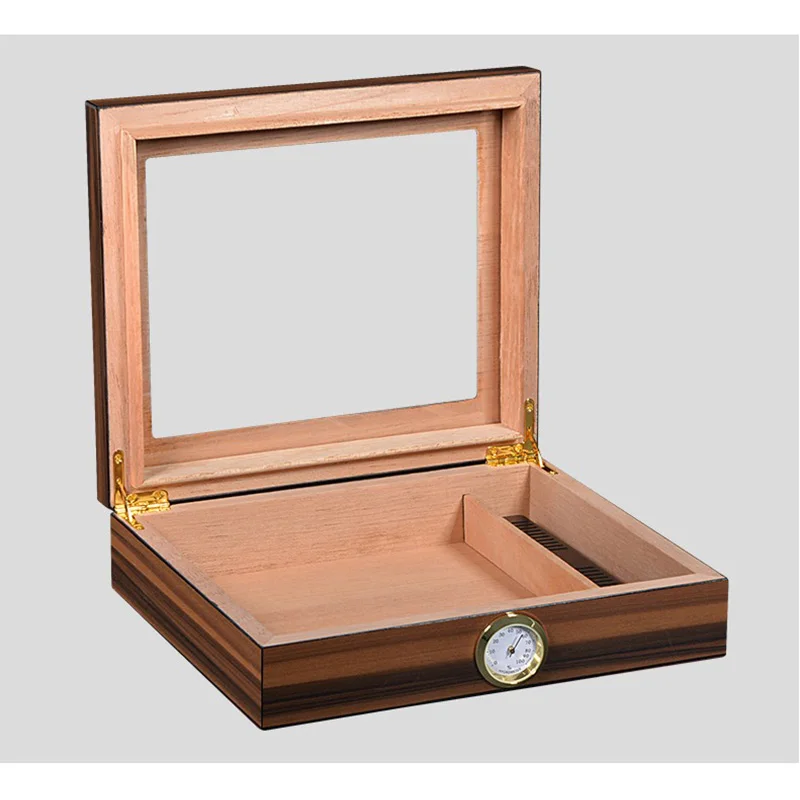 Cigar Storage Desktop Box with Humidifier, Hygrometer, Glass Top, Portable Cigar Humidor for 35 Cigars, Cedar Wood Lined Cabinet