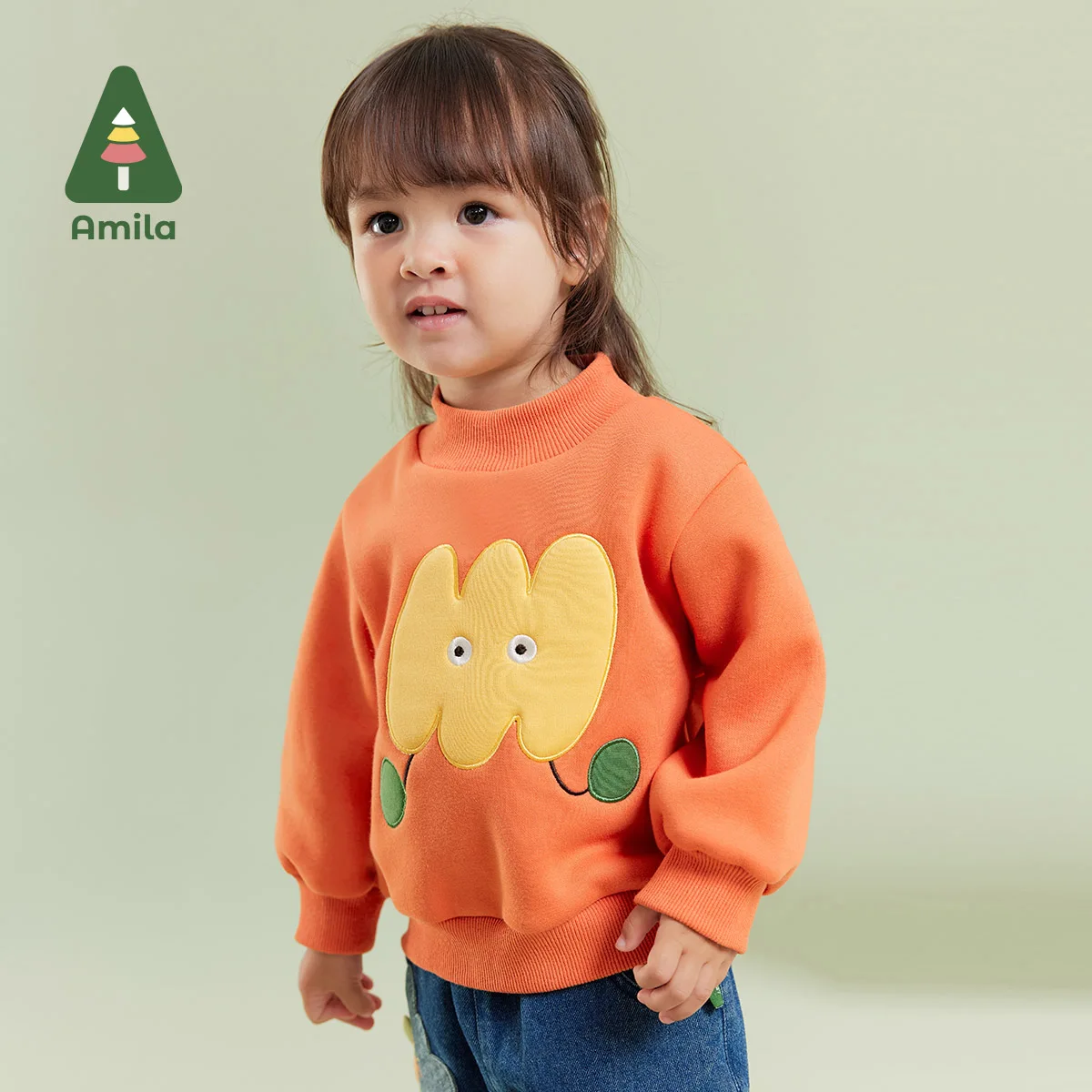 Amila Baby Children Hoodie 2024 Winter New Multicolour Mock turtleneck Fleecing Embroider Cute   Baby Clothing