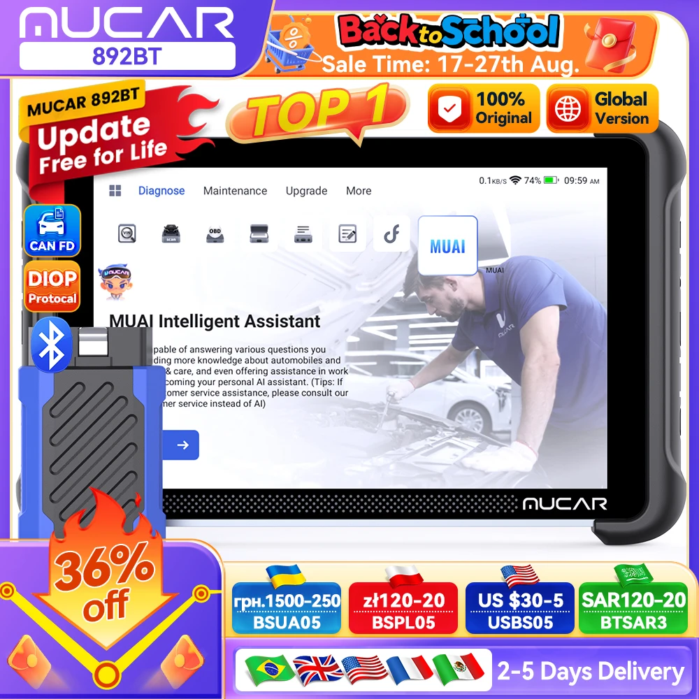 Versione globale MUCAR 892BT obd2 Strumento diagnostico Scanner OBD2 Tutti i sistemi CAN FD/DOIP 35 Reset Codifica ECU Aggiornamento gratuito a vita