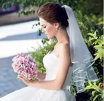 White Double Ribbon Edge Center Bridal Wedding Veil with Comb 2024