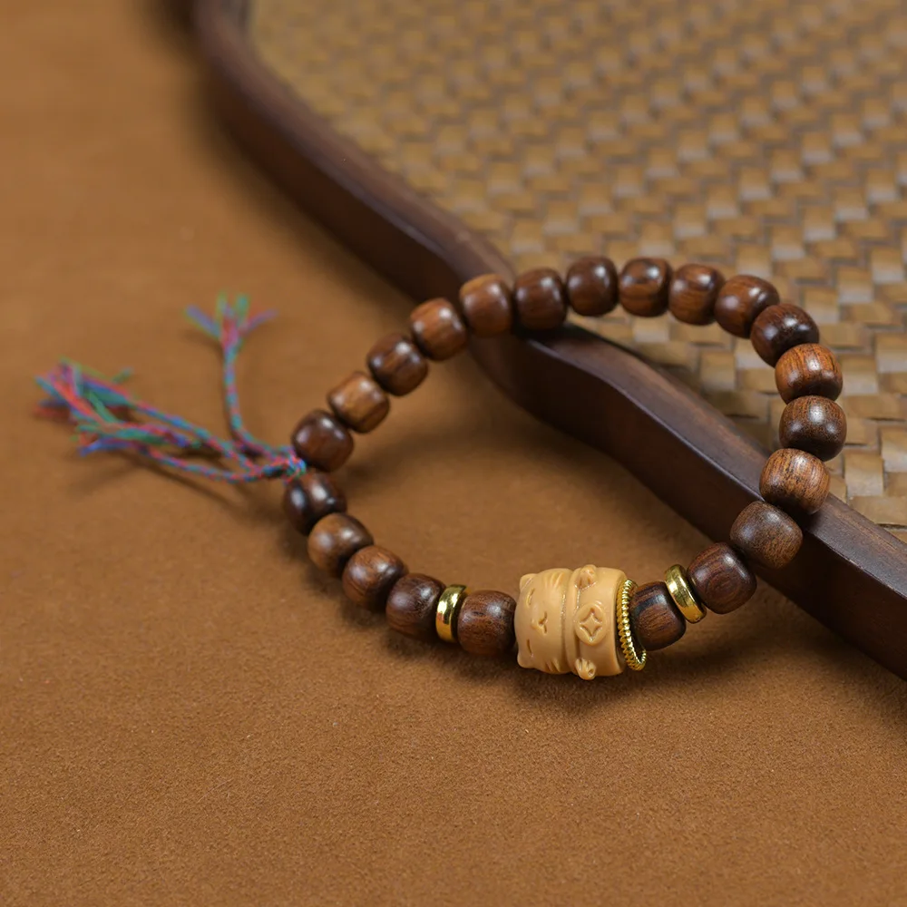 الطبيعية الأسود الكمثرى برميل DIY نحت القط خشب الصندل الرجال والنساء لطيف نمط بسيط البوذية حبة سوار فني مجوهرات خشبية #2