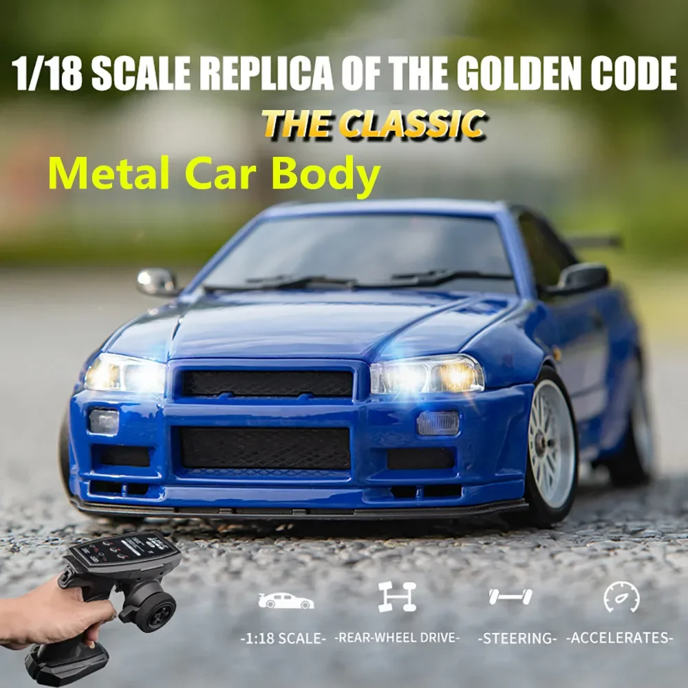 LDRC 1899 RC Drift Car 1/18 Full Proportional 2.4G RWD GTR R34 w/ Gyro LED Light On-Road Alloy Body Shell Racing Car Toys