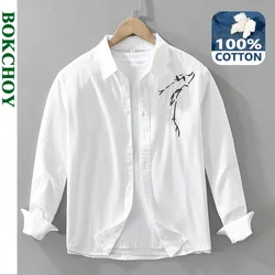 Fashion Embroidery 100% Cotton Shirts for Men Clothing Casual Loose Soft Long Sleeve Men Shirts CM7389