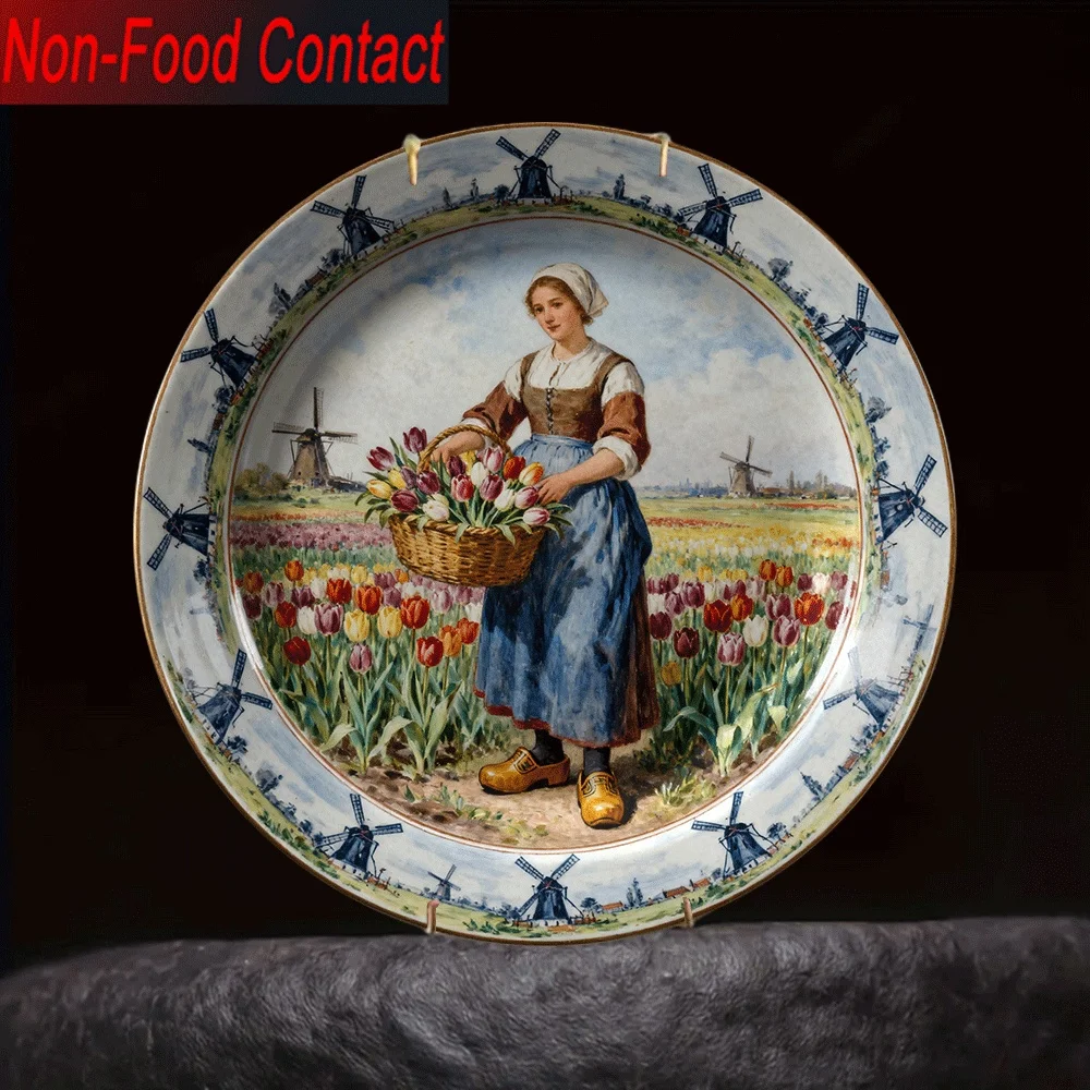 2D 1pc Ceramic Decorative Plate, Dutch-Style Girl in Tulip Field Pattern, Non-Consumable for Decoration Only, Home Tabletop Art
