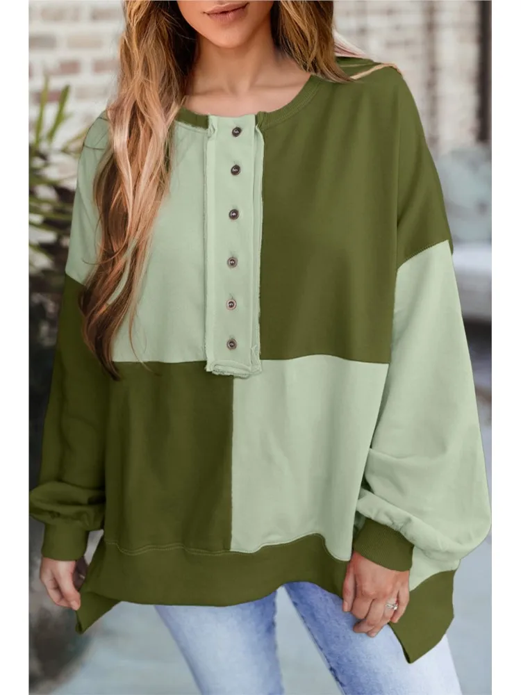 

Autumn Winter New Casual Loose Pullover Womens Button Down O Neck Sweatshirt Fashion Long Sleeve Patchwork Color Block Pullover