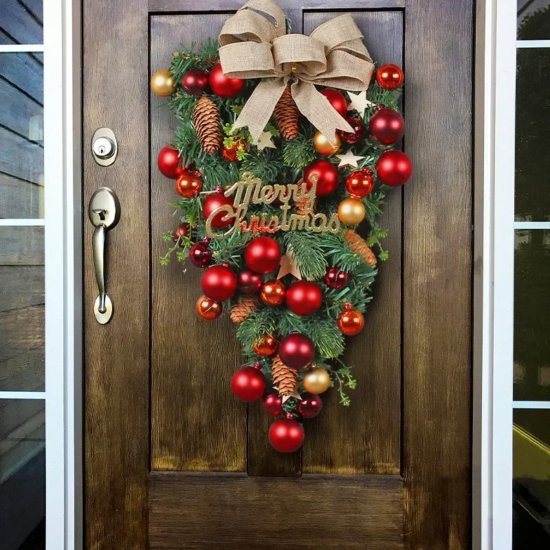 Christmas Front Door Hanging Wreath Xmas Tree Garland Red Ball Bow Pine Cone Rattan Ornament Pendant Window New Year Decoration