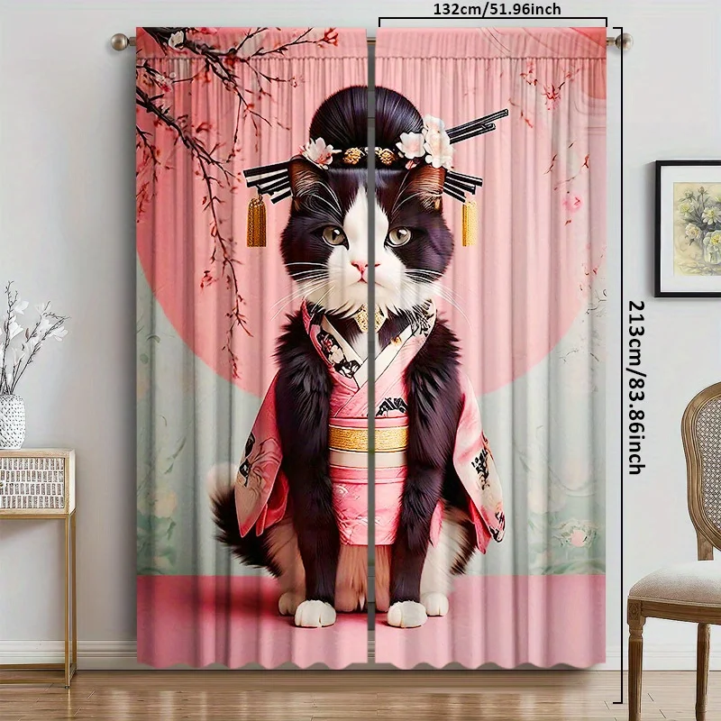 Japanese Geisha Cat Curtain, Kimono Pet Print Drape, Asian Style Window Treatment for Living Room Bedroom Home Decor