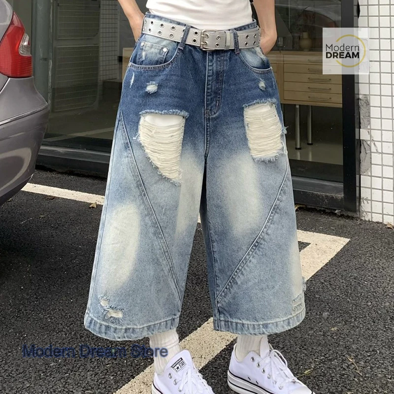 

American vibe hole wide-leg denim shorts for women's summer high street design sense loose high waist wide-leg cropped pants.