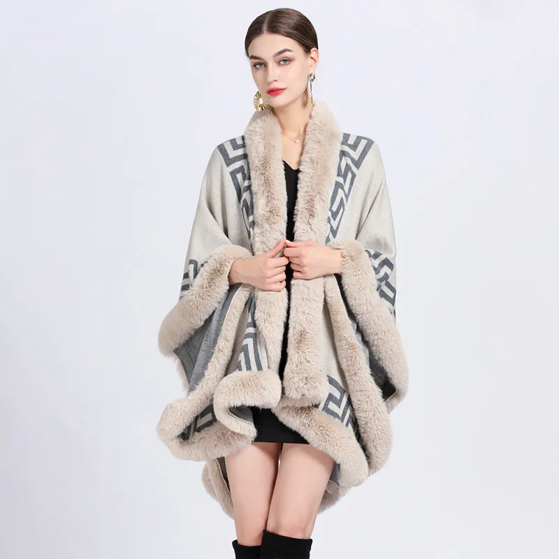 Women Rex Rabbit Faux Fur Shawl Lady Cashmere Feel Mantle Fall Winter Elegant Wrap Luxury Warm Overcoat Classic Vintage Cloak