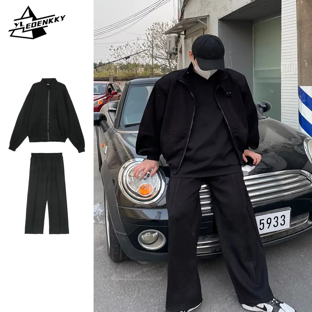 Spring Autumn Set Korean Stand-up Collar Loose Cardigan Jacket Straight-leg Wide-leg Casual Sweatpant Outdoor Unisex Sports Suit