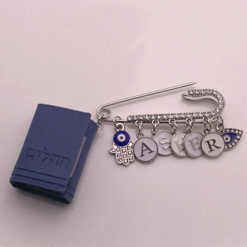 ZKD customise english name Tehillim book Hebrew blue blessing brooch pin evil eye hamsa protection jewish gift