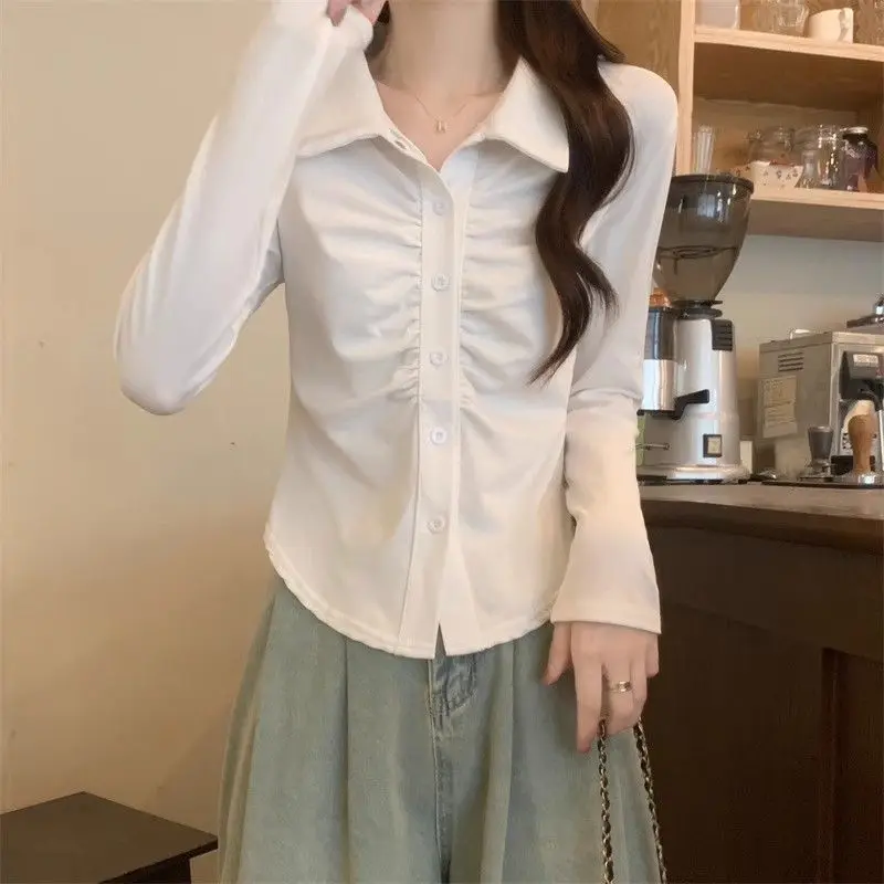 

Desire Wind Pleated2025Новый нишевый дизайн для похудения Легко сочетающаяся женская рубашка с длинными рукавами и талией Топ для женщин