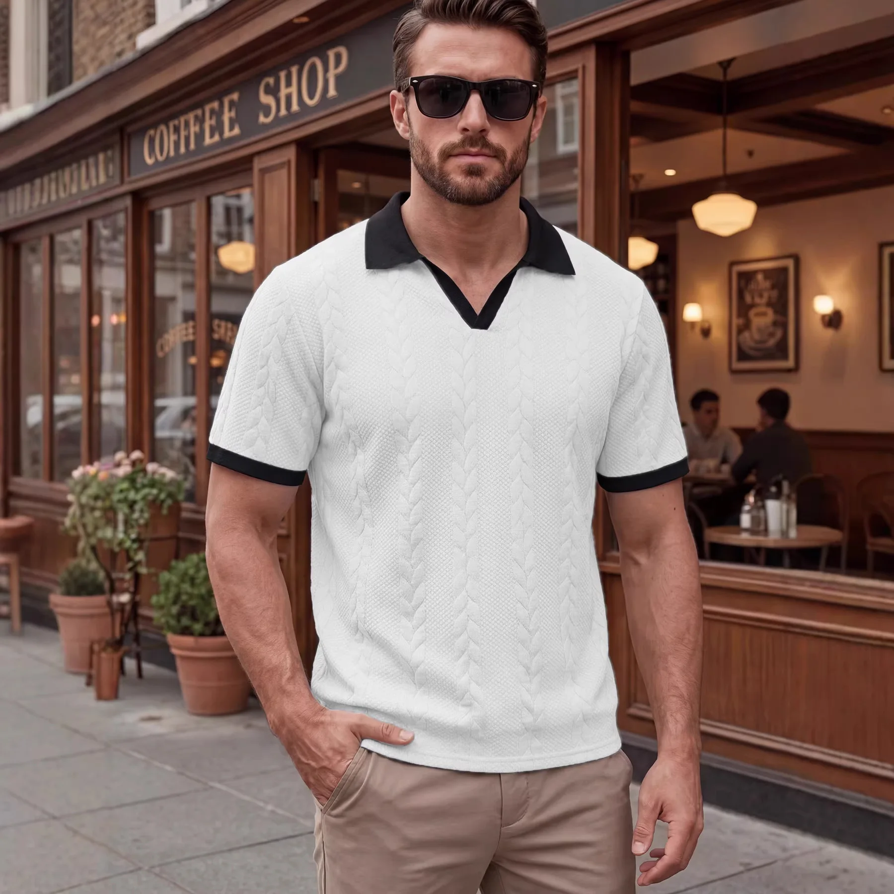 Sommer 2026 Neue Mode Herren Farbcodierte Lässige Trendige Einfache Basic Kurzarm-T-Shirts mit Umlegekragen Männer-Oberteile