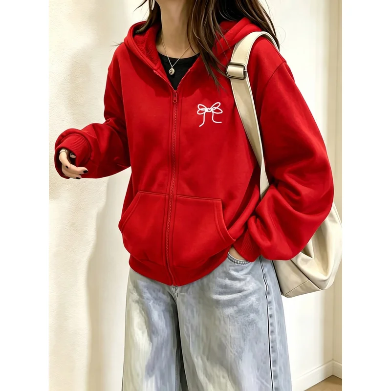 Women Apricot Hand Drawn Bow Ribbon Line Print Zip Up Hoodie Cute Minimal Full Zip Sweatshirt Kangaroo Pocket Casual Kawaii Tops