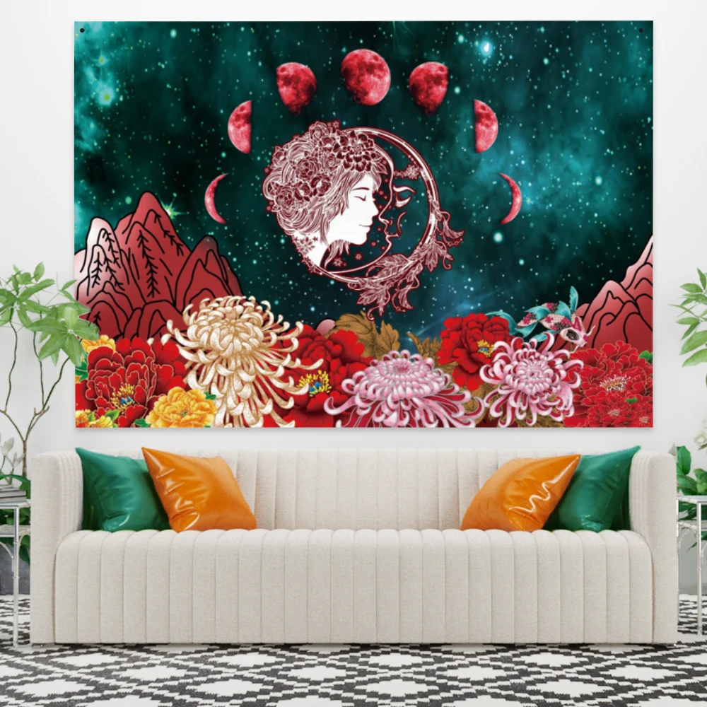 

Starry Moon Sky Psychedelic Flower Tapestry Mandala Bohemian Hippie Human Face Art Wall Hanging Home Decor Carpet Tapestries