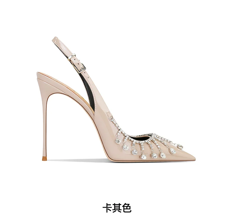 2025 Spring New Pointed Stiletto High Heels Women's Burgundy Patent Leather Rhinestones