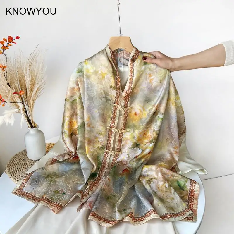 

New Chinese Style Button Down Shawl Women Satin Ice Silk Scarf Summer Pashmin Sun Production Bikini Cover Up Big Size Wraps