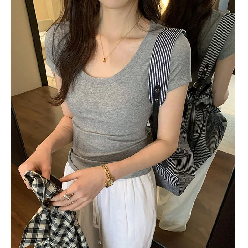 Camiseta informal de algodón para mujer, camisetas de manga corta, ropa de moda para mujer, camiseta básica ajustada con