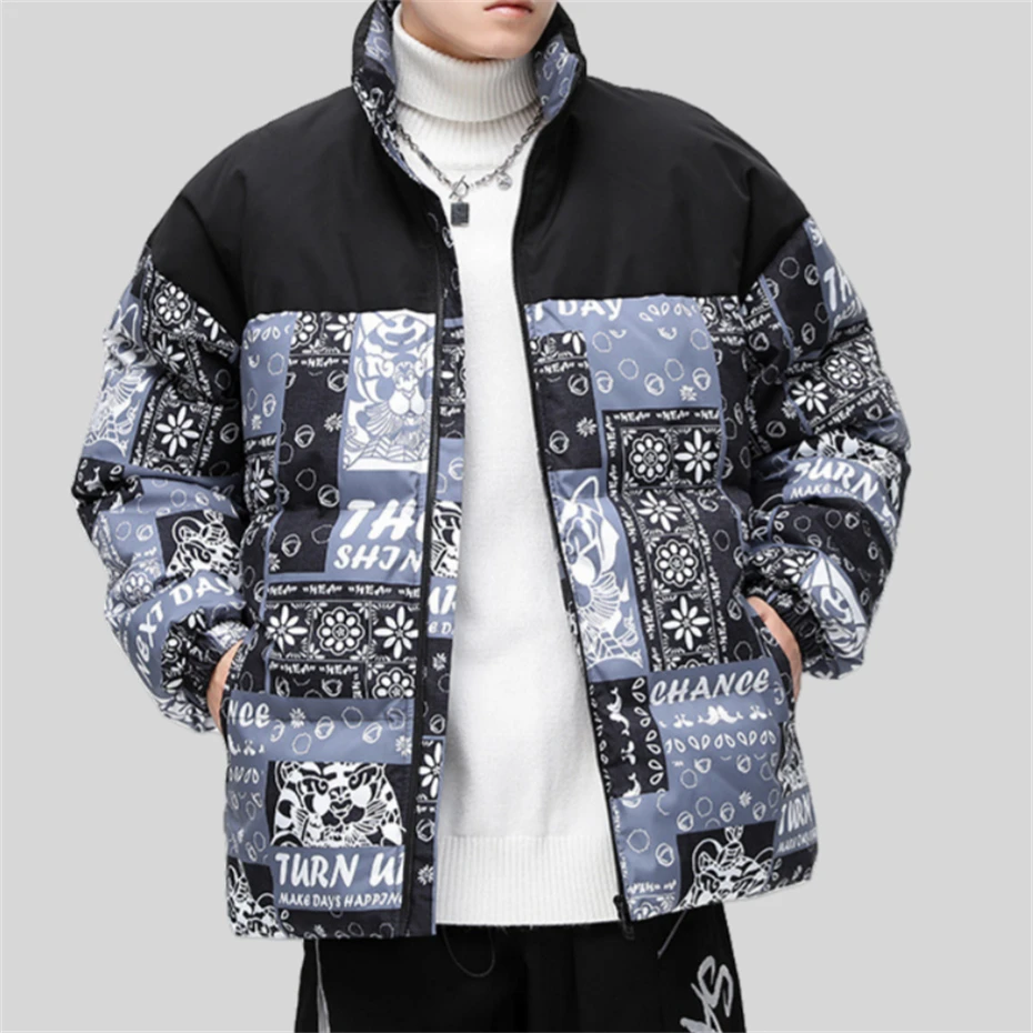 Men Winter Puffer Jacket Thicken Warm Parka Bubble Coat Men Oversized Harajuku Hip Hop Padded Jacket Tiger Patchwork Down Coat