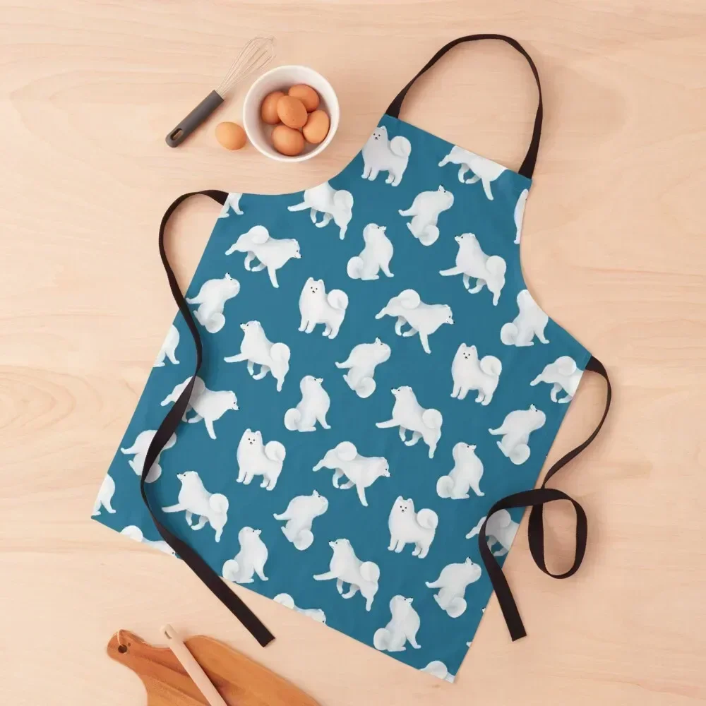 

Samoyed Pattern (Blue Background) Apron home women with personal logo kitchen clothes for men Customizable Apron