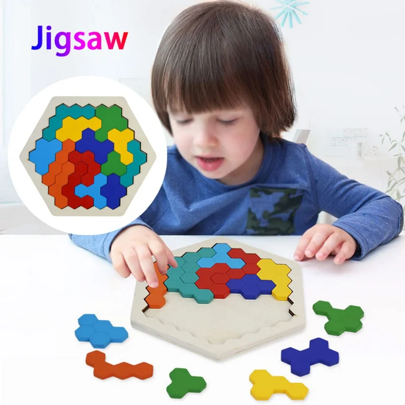 【In Stock】Kids Wooden Hexagon Puzzle Shape Pattern Block Educational Intelligence Games Toys for Children Boys Girls Birthday Ch