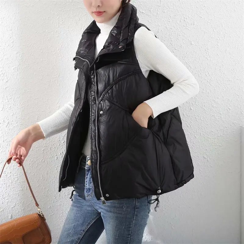 2024 Women Autumn Winter Vest Coat Black Stand Collar 90% White Duck Down Female Tops Vest Chaleco Mujer Gilet Casaco Feminino