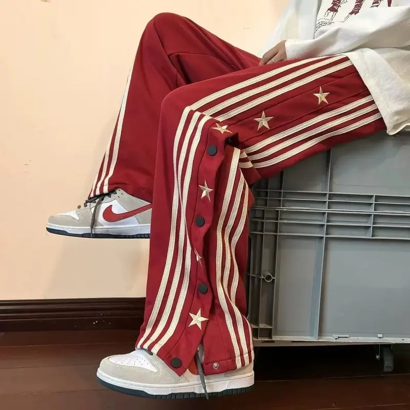 American Style Straight Trousers 2024 Spring Autumn New Men's Elastic Pockets Single-breasted Striped Fashion Casual Loose Pants