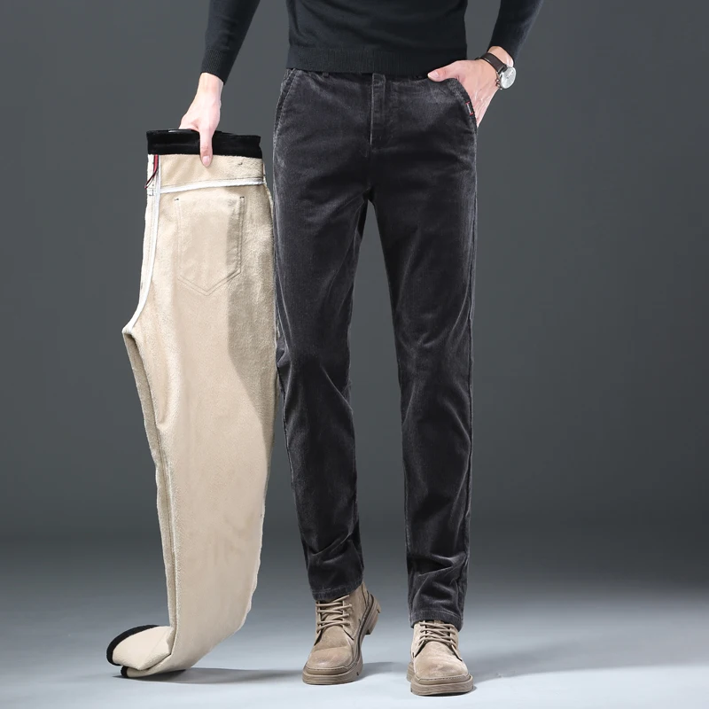 Fleece Winter Brand Men Clothing Corduroy Pants Warm Business Slim Velvet Korean Casual Trousers Male Plush Pants