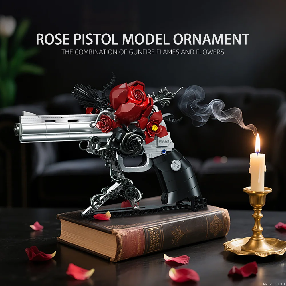 Knew Built Steampunk Mechanische Rose Pistole Bauset, 631 Teile 3D-Blöcke, Romantische Kunst Heimdekoration & Sammlerstück Geschenk. – Detail 3