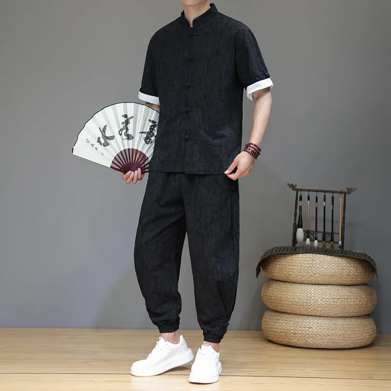 Male Chinese Style Summer Thin Men's Hanfu Suit Retro Trend Loose Stand-up Collar Short-sleeved Tang Style