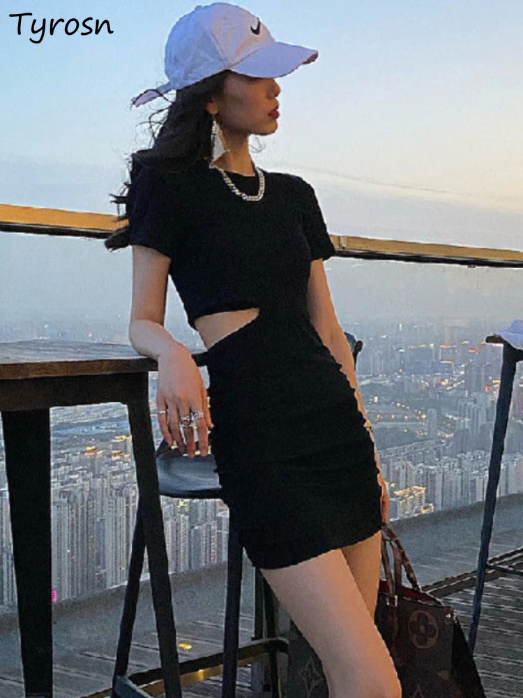 

Dresses Women Solid Hollow Out Design Chic Elegant Tender Summer Mini Hot Sweet Korean Style Leisure Empire Basic Daily Ladies