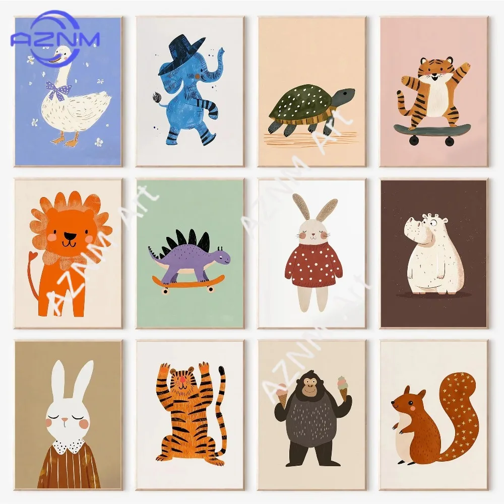 1 Stück, niedliche Cartoon-Tiere, brauner Bär, Kaninchen, bunte Illustrationen, Poster, Leinwandgemälde, Wandkunst, Bilder, Kindergarten, Zuhause