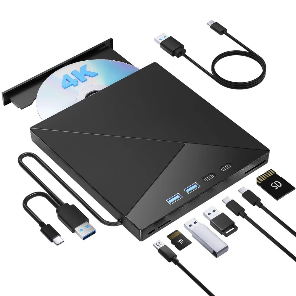 

7 in 1 External Bluray Drive 4k USB 3.0 CD DVD +/-RW Bluray Burner 3D BD Player with SD/TF Ports Compatible with Windows MacOS