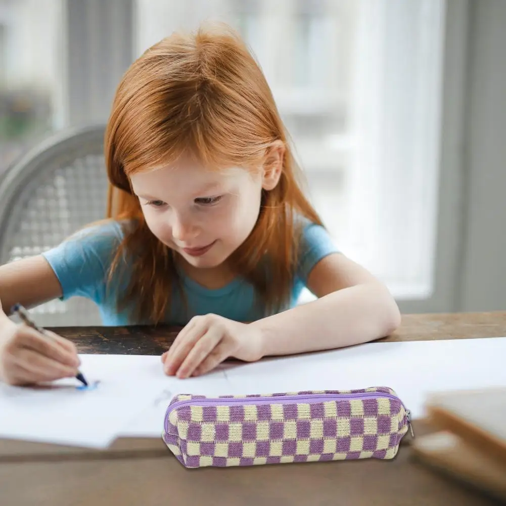 Трикотажная Шахматная сумка для ручек, хранение макияжа, канцелярские принадлежности для студентов, чехол для карандашей, школьные принадлежности
