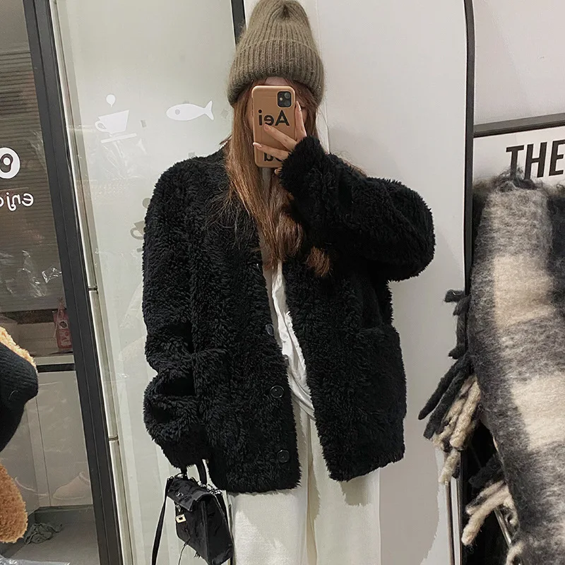 Faux Fur Decor Coats Womens Streerwear Long Winter Elderly Kawaii Chunky Furry High Waisted V Neck Hem Outerwear Slit Distressed
