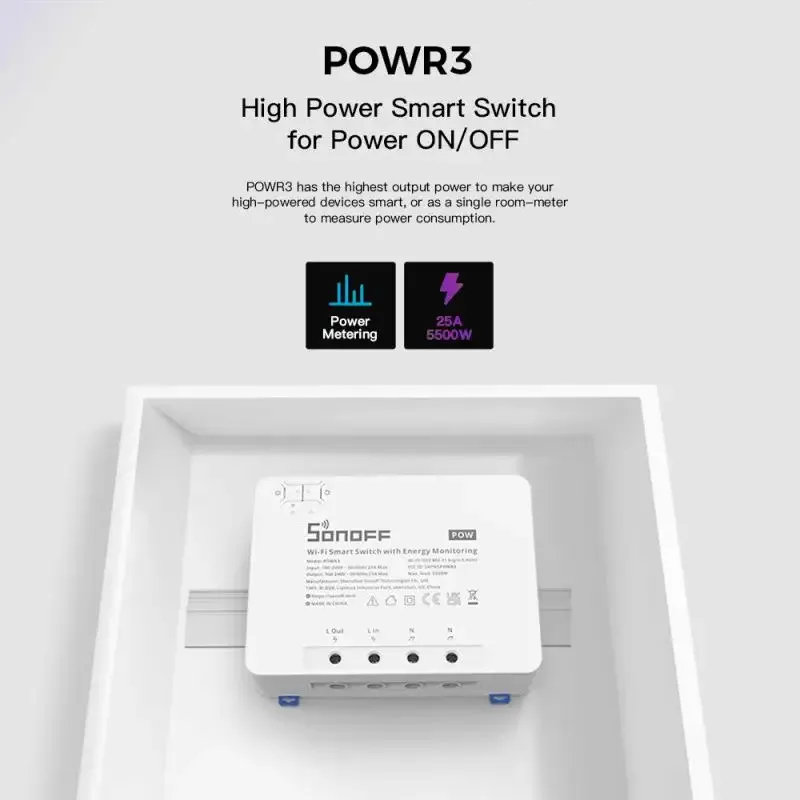 SONOFF POWR3 25A WiFi Smart DIY Switch 5500W Power Metering Overload Protection Energy Saving EWelink APP Alexa Voice Conrol