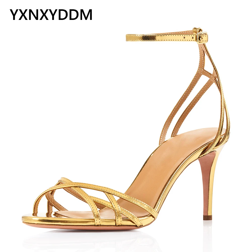 Women\'s Gold Strappy High Heel Summer Sandals Luxury Gold Party Heels Ladies Large Size Ankle Strap Stilettos Shoes 2023 New