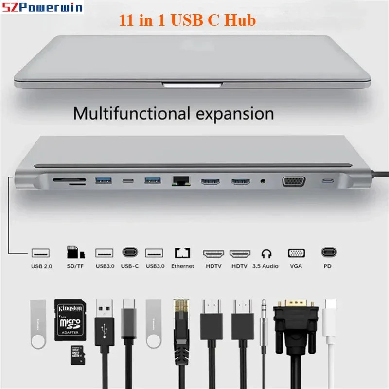 Док-станция-концентратор USB C 11 в 1, двойной HDMI-совместимый адаптер VGA USB-концентратора типа C для ноутбука, универсальная док-станция, аксессуары для ноутбуков