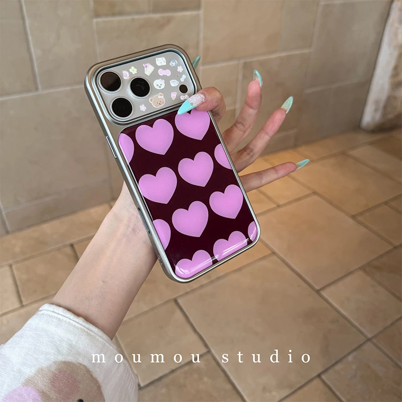 Korean Ins Pink Love Heart Design Electroplated Drip Glue Phone Case For iPhone Ultra 18 Pro Max 17 16 15 14 13 12 11 Back Cover view 2