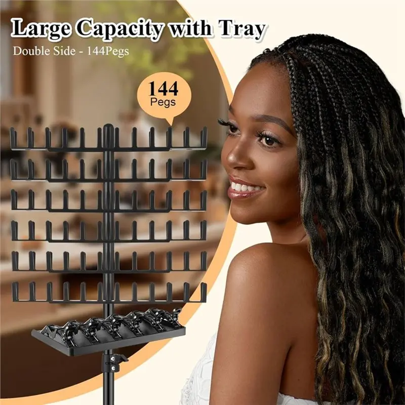 ABKR-Hair Extension Holders(2-Sided), Braiding Rack With Tray, 144 Pegs Height Adjustable, Hair Stand Including Stylist Tools Bl