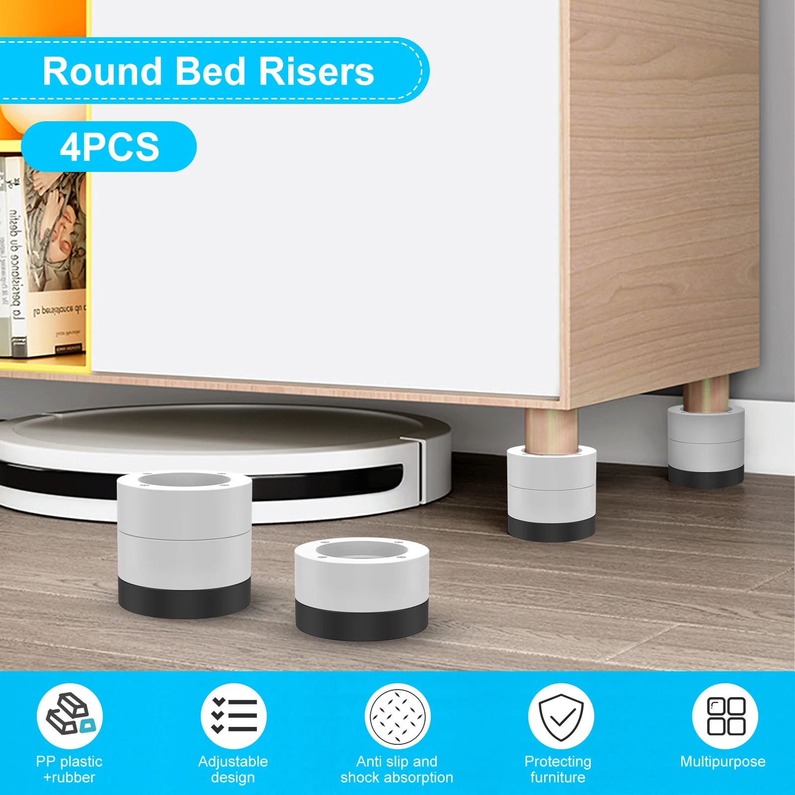 4Pcs Round Furniture Riser Heavy Duty Bed Chair Riser Support 1300lb Anti-Slip Washing Machine Desk Couch Bottom Elevator