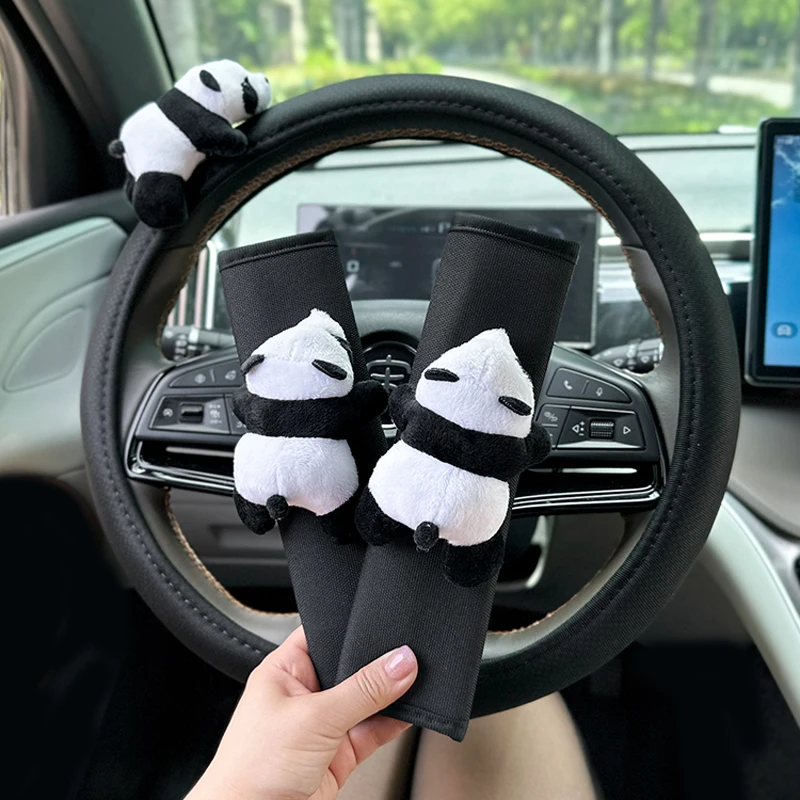 Cute Cartoon Panda Doll Ice Silk Universal Car Steering Wheel Covers Sets Auto Interior Accessories Seat Headrest Neck Pillow