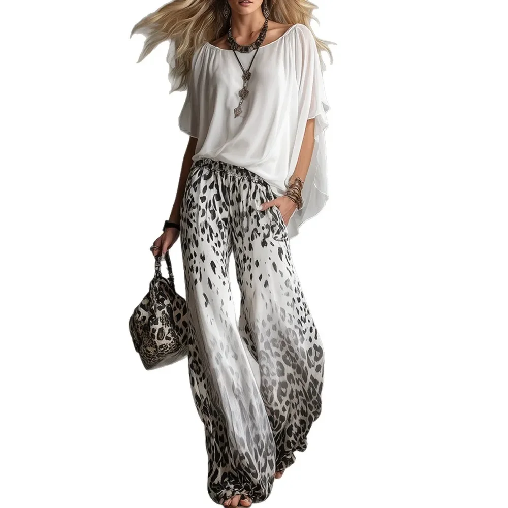 Summer New Women 2PCS White Chiffon Tops And Leopard Print Wide Leg Pants Set Europe America Casual Baggy Beach Outfit Pant Sets