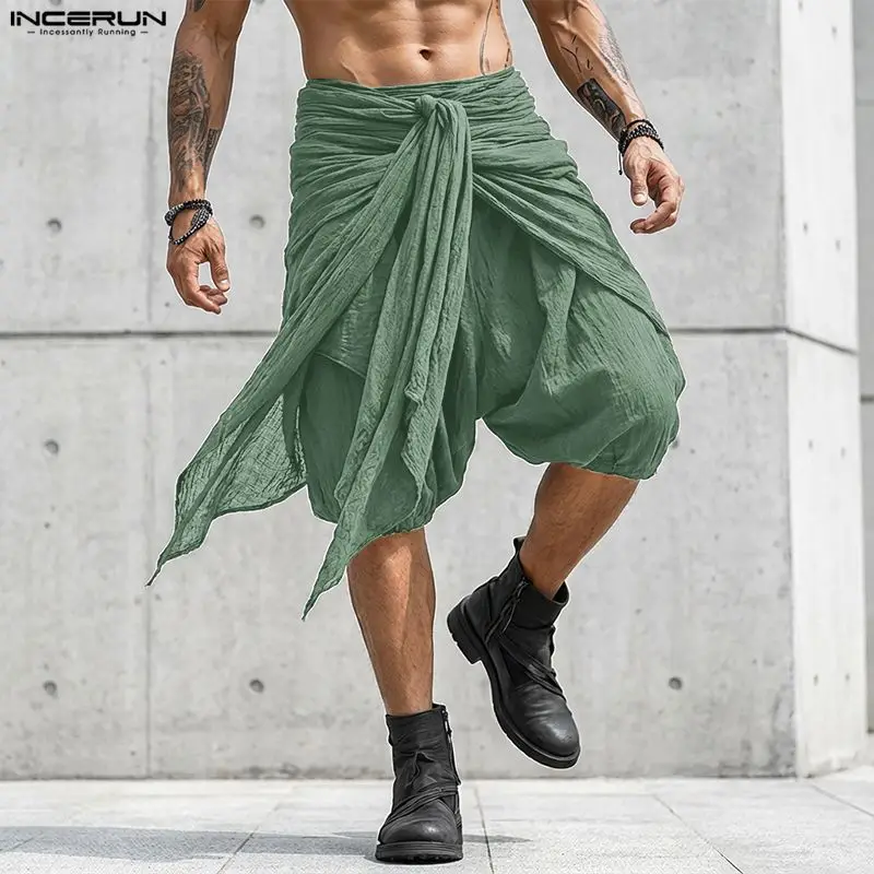 INCERUN Men's Shorts Solid Color Elastic Waist Lace Up Pleated Men Bottoms Summer Loose Streetwear 2026 Casual Shorts For Man