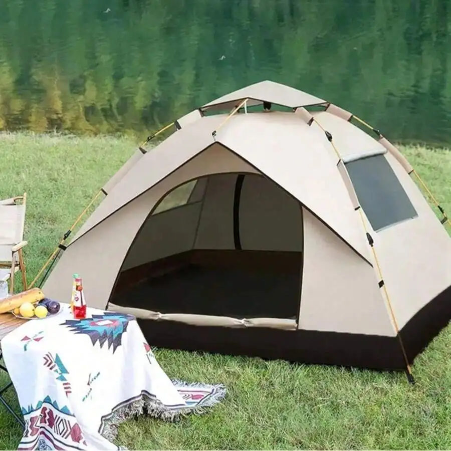 3-4 Person Automatic Pop-Up Tent With Fiberglass Pole, Square Oxford Cloth Camping Shed, Quick-Set 3 Second Design, All-Season W