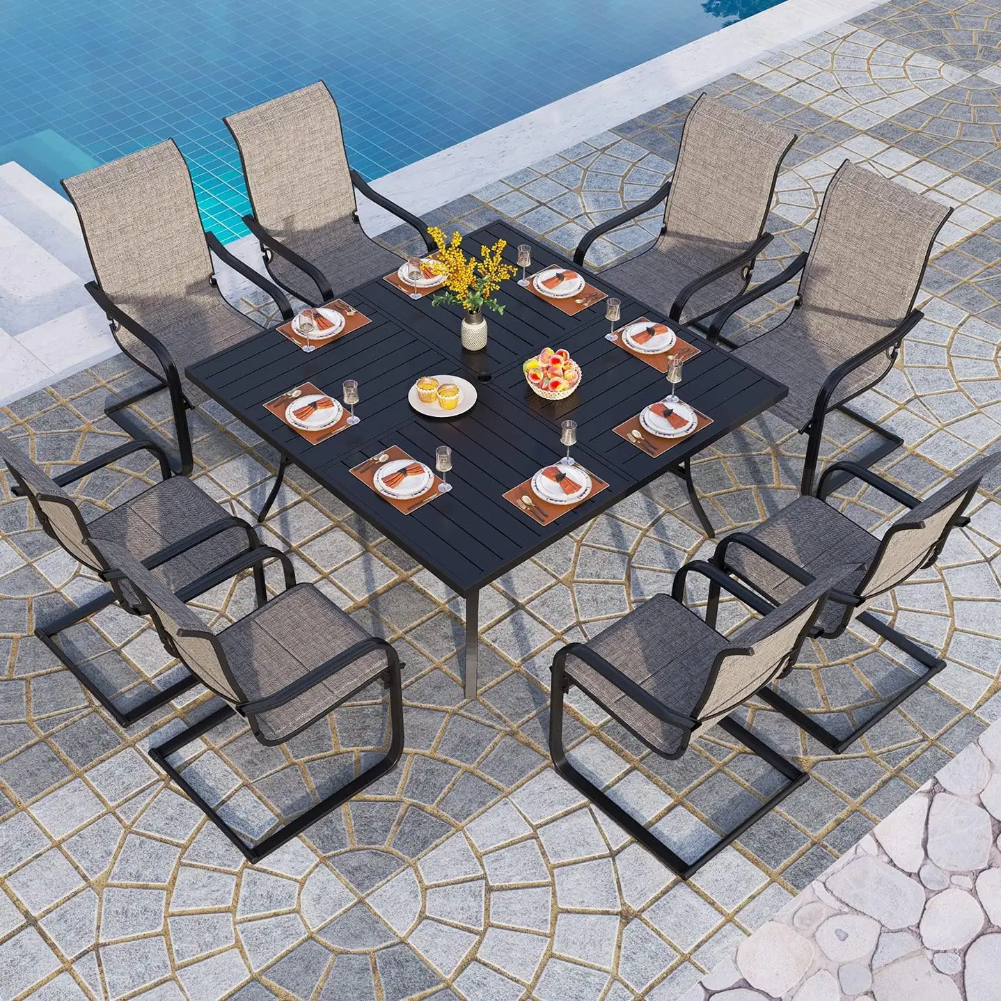 

Large Square Table With Umbrella Hole And 8 Spring Dining Chairs, Quick-Drying Textilene Fabric & E-Coating Rustproof