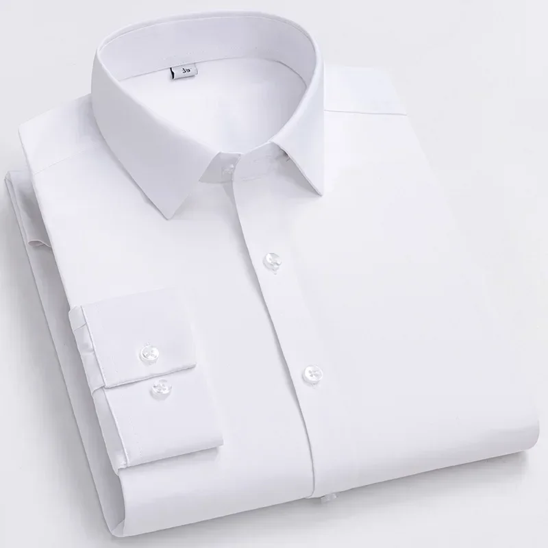 Camisas de manga larga de fibra de bambú de alta calidad para hombres, camisa formal ajustada, ropa elástica sólida con un solo bolsillo, negocios y oficina