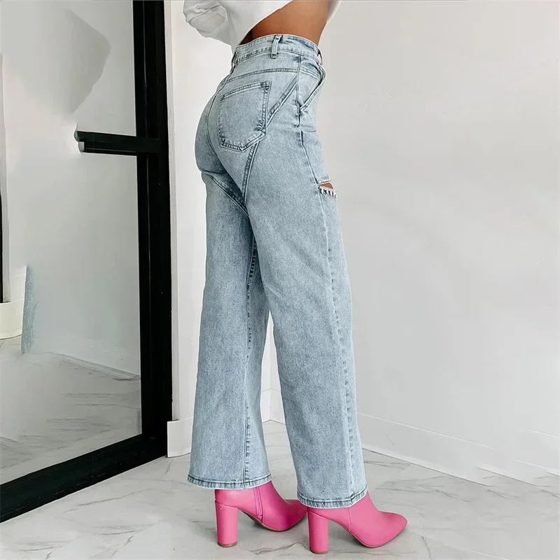 2024 moda coscia divisa Diamante decorazione Jeans dritti donna pantaloni Casual in Denim pantaloni a vita alta tendenza femminile Streetwear